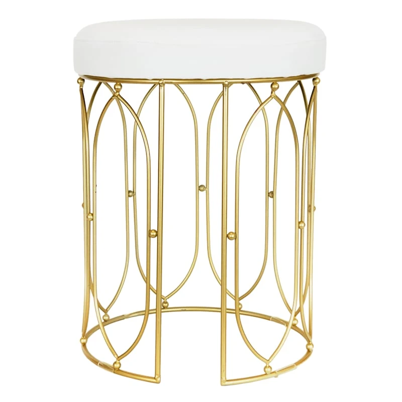 Arca Glazed Gold Wire Vanity Stool/Padded White Faux Leather Seat 3 Arca Glazed Gold Wire Vanity Stool/Padded White Faux Leather Seat