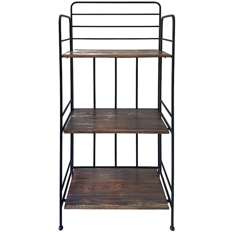 Black 3 Tier Metal Baker Rack With Folding Wood Top Shelves 3 Black 3 Tier Metal Baker Rack With Folding Wood Top Shelves