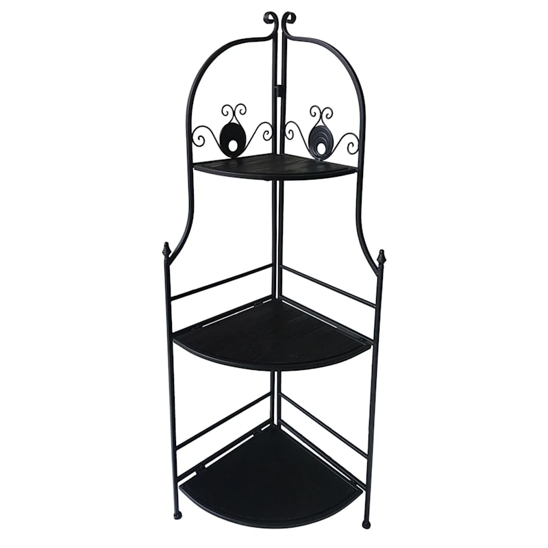 Black Metal Corner Rack With Folding Wooden Shelves, 48" 3 Black Metal Corner Rack With Folding Wooden Shelves, 48"