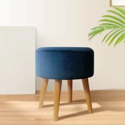 Emmy Navy Blue Velvet Round Wood Leg Ottoman -Accent Furniture Shop emmy navy blue velvet round wood leg ottoman 4