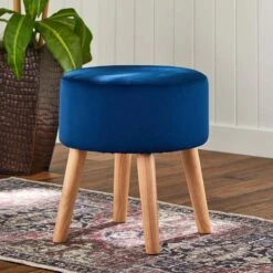 Emmy Navy Blue Velvet Round Wood Leg Ottoman -Accent Furniture Shop emmy navy blue velvet round wood leg ottoman 5