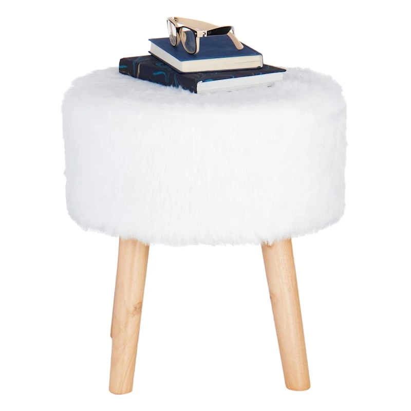 Emmy Ottoman Faux Fur With Wooden Leg, White 4 Emmy Ottoman Faux Fur With Wooden Leg, White - Image 2