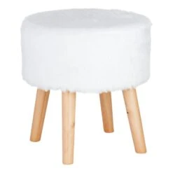 Emmy Ottoman Faux Fur With Wooden Leg, White