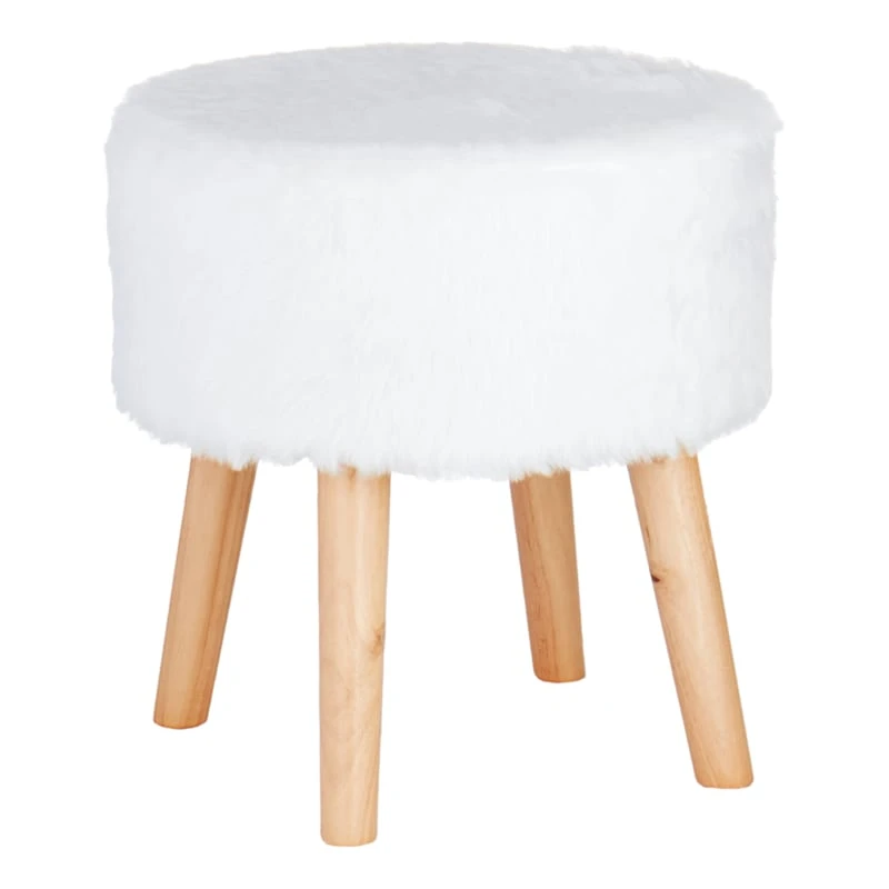 Emmy Ottoman Faux Fur With Wooden Leg, White 3 Emmy Ottoman Faux Fur With Wooden Leg, White