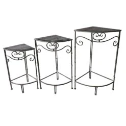 Fan Shaped Wood Top Plant Stand With Rustic Double Tube Metal Leg, Medium