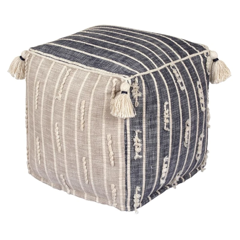 Honeybloom Nora Blue Woven Embroidered Pouf, 18" 3 Honeybloom Nora Blue Woven Embroidered Pouf, 18"