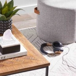 Honeybloom Rica Textured Pouf With Faux Leather Handles, Grey -Accent Furniture Shop honeybloom rica textured pouf with faux leather handles grey 4