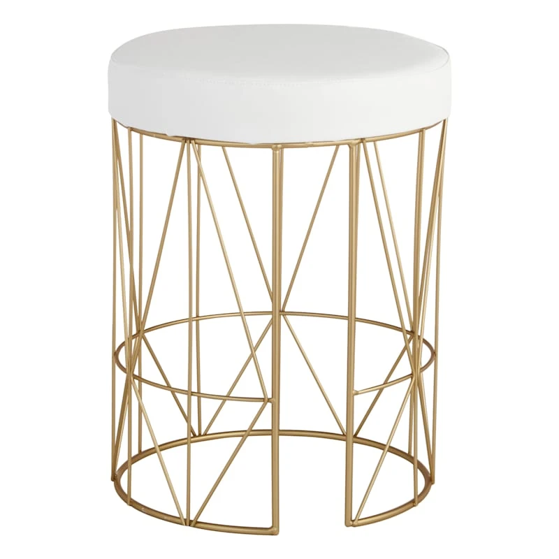 Keira Glazed Gold Wire Vanity Stool & Padded White Faux Leather Seat 3 Keira Glazed Gold Wire Vanity Stool & Padded White Faux Leather Seat