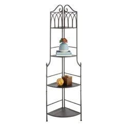 Metal Corner Rack With Brown Decorative Arch & Folding Wood-Top Shelves, 63" -Accent Furniture Shop metal corner rack with brown decorative arch folding wood top shelves 63 5