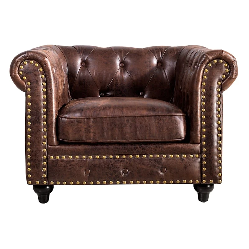 Providence Chesterfield Tufted Brown Faux Leather Rolled Armchair 4 Providence Chesterfield Tufted Brown Faux Leather Rolled Armchair - Image 2